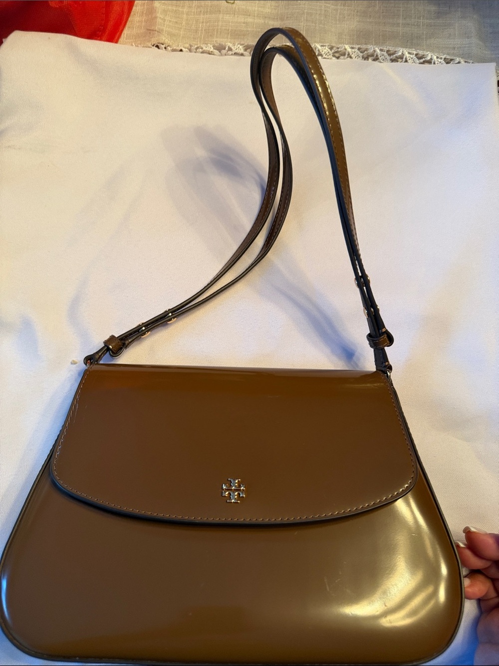 Tory Burch Glossy Brown Patent Leather Shoulder Bag